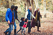 Family holding hands walking in autumn park