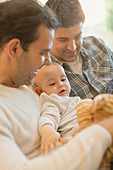 Male gay parents holding baby son