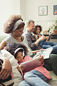 Family relaxing, reading and on sofa