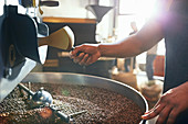 Male coffee roaster roasting coffee beans