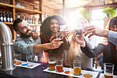 Friends beer tasting, toasting beer glasses in pub