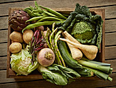 Fresh vegetable harvest variety in wood crate