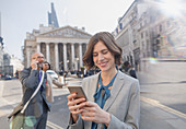 Businesswoman texting with cell phone, London, UK