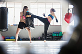 Women kickboxing with pad in gym