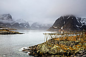 Foggy, cold rugged mountains and river, Norway