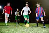 Young soccer players, kicking the ball