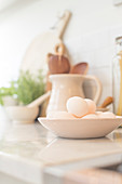 Still life eggs in bowl on kitchen counter