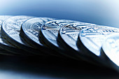 Bitcoins on blue background