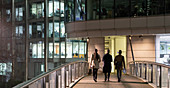 Business people walking on bridge at night
