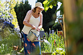 Active senior woman gardening, watering plants