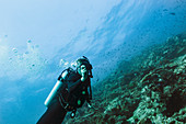 Portrait scuba diver underwater