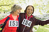 Active senior women finishing sports race