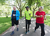 Active senior men friends power walking in park