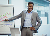 Smiling businessman at flip chart leading meeting