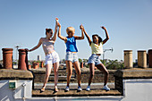 Carefree friends dancing on rooftop