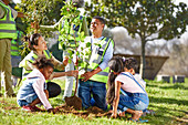 Volunteers planting tree in park