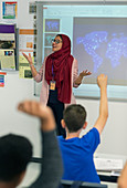 Female teacher in hijab leading lesson at projection screen