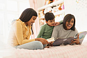 Mother reading book to children on bed