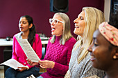 Women's choir singing in music recording studio