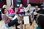 Male conductor leading women's choir singing