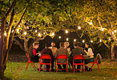 Friends enjoying dinner garden party under trees
