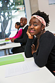 Portrait female community college student in classroom