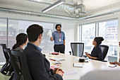 Businessman leading conference room meeting