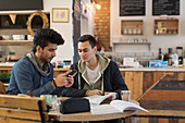 Young male college students studying in cafe
