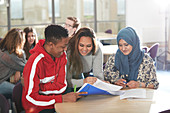 College students studying together in classroom