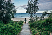 Man walking on footpath toward idyllic ocean beach