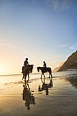 Young women horseback riding on tranquil sunset beach