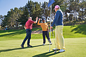 Male friends high fiving putting green