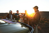 Safari tour group toasting champagne glasses on sunset