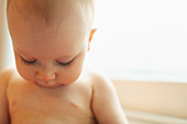 Close up portrait innocent baby girl looking down