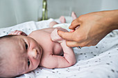Close up mother holding hands with newborn baby son
