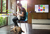 Young man with dogs using smart phone in home office
