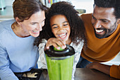 Laughing multi-ethnic family making healthy green smoothies