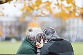 Senior couple sharing headphones in autumn park