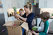 Mother and sons unloading fresh produce from box in kitchen