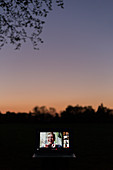 Friends video chatting on laptop screen in garden at dusk