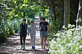 Mother and sons walking on sunny park path