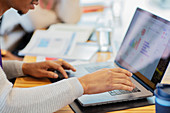 Close up businessman using laptop in meeting