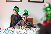 Portrait brothers wearing Christmas glasses