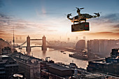 Drone delivery package over London, UK