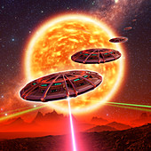 Spaceship firing on alien planet, illustration