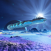Spaceships over an alien planet, illustration
