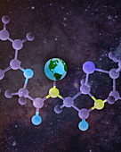 Planet Earth and molecular structure, illustration