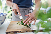 Woman chopping fresh cilantro on cutting board