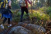 Couple with backpacks hiking in tall grass