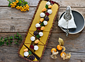 Vegan pumpkin chocolate tart with cream dots and fresh physalis